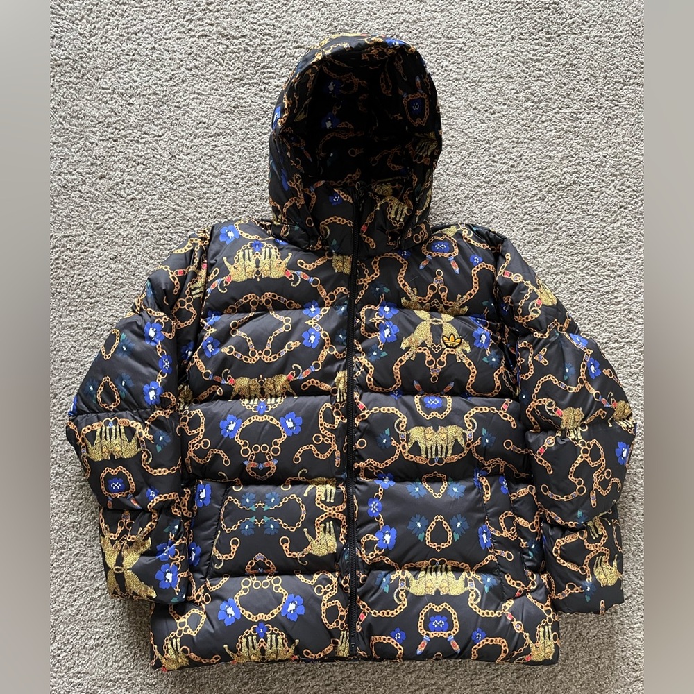 adidas Black and Gold Patterned Puffer Jacket. Worn once. New Without Tags!
